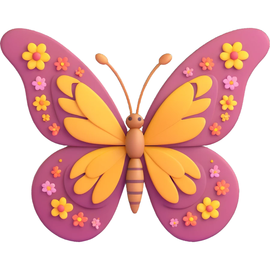 Add beautiful, subtle flower-shaped dust and petals like magical particles around the butterfly. Maintain the 3D cartoon, elegant, fantasy style with a transparent background. emoji