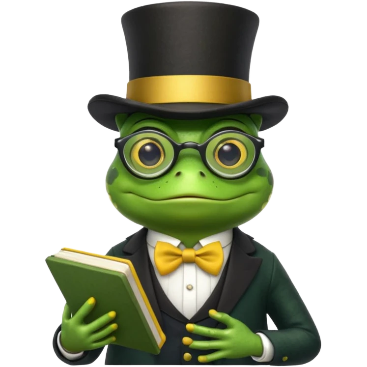 frog wearing top hat with glasses and yellow book emoji