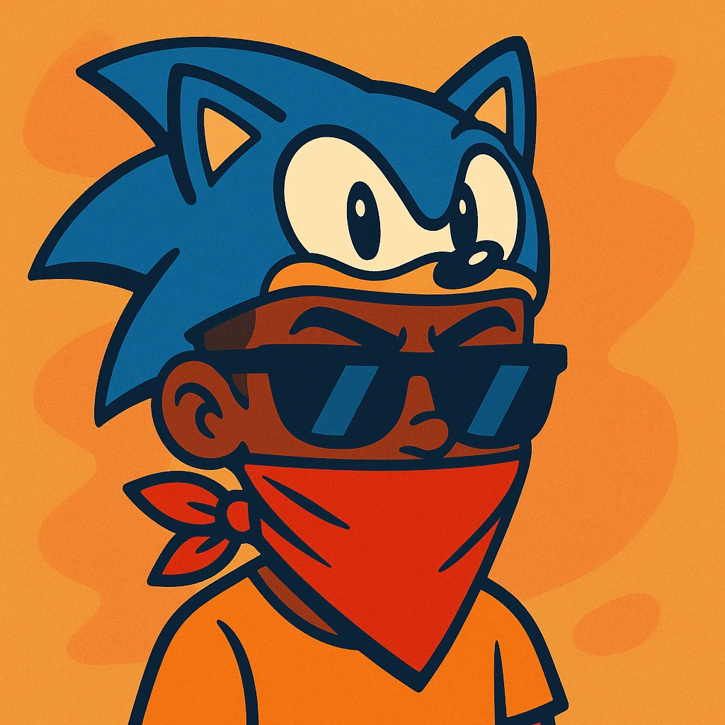 slick warm brown skinned boy with raised eyebrows, Sonic hat, sunglasses, and a bandana over his mouth, vibrant toon style emoji