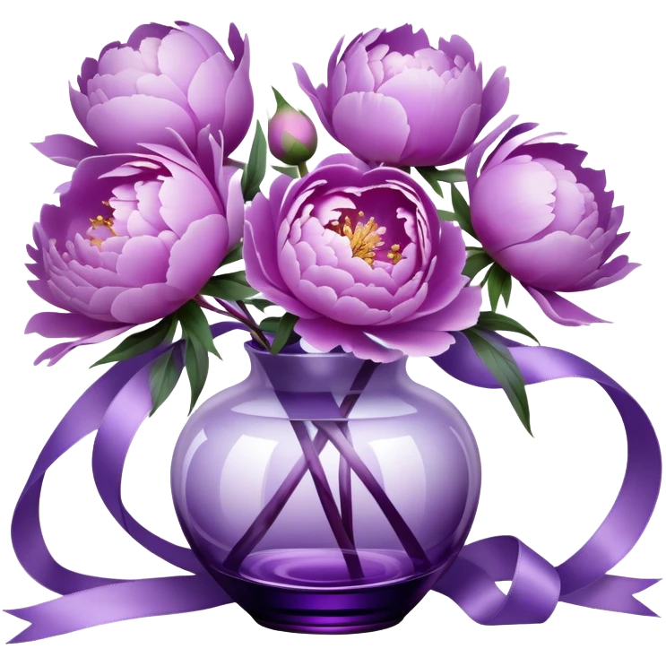 "Abstract peonies in shades of light purple and lavender, blending like soft brushstrokes. A glowing purple glass vase with surreal reflections, wrapped in a weightless, swirling satin ribbon."
 emoji