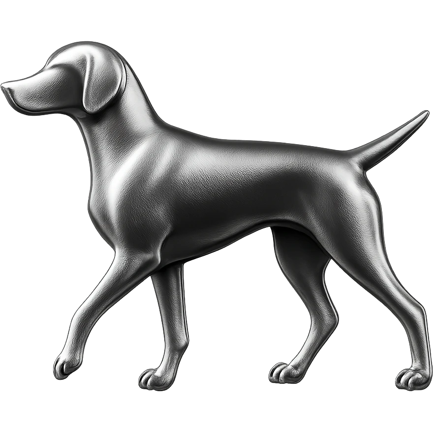               Apply a high-end, photorealistic metallic chrome material to the provided {subject}. The material should have a smooth, slightly curved surface with subtle reflections and soft shadows, resembling brushed or polished silver metal. Preserve the exact shape, proportions, and design of the original object. Set it against a solid black background (#000000) in 8K resolution. The lighting should enhance the beveled edges and reflective highlights, creating a sleek, premium finish. {subject} = dog pointing left emoji