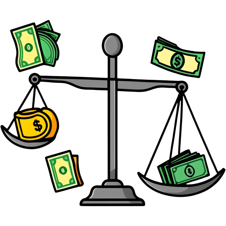 A balanced scale with money and dollar signs on one side and three colorful stars on the other side emoji