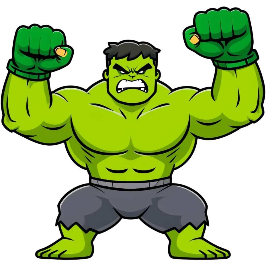 Hulk smashing with fists raised, green muscular superhero breaking ground, action pose, dynamic movement, angry expression emoji