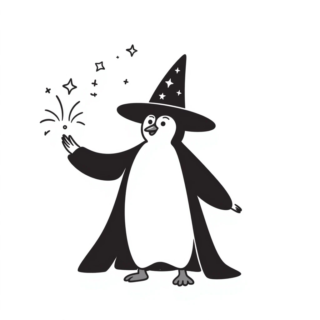 penguin wizard with a big hat and sparkles emoji