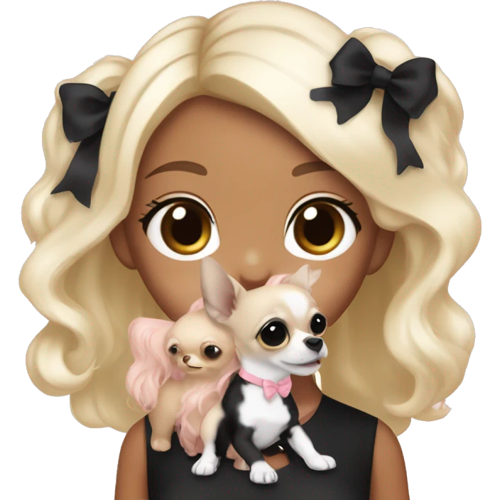 black blonde girl with long platinum black wavy hair with bright brown eyes and wearing a light pink hair bow holding a black and white long haired chihuahua puppy also wearing a hair bow emoji