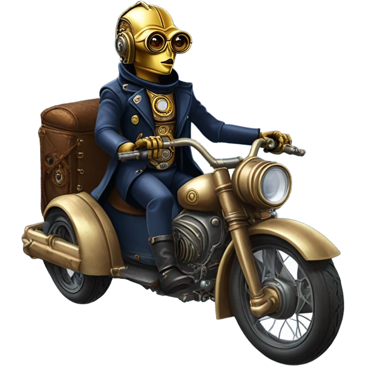 C-3PO wearing a pair of navy-blue rimmed steampunk goggles, hat, leather chaps, fringe jacket riding a fast 3 wheeler trike steampunk motorcycle on ice  emoji