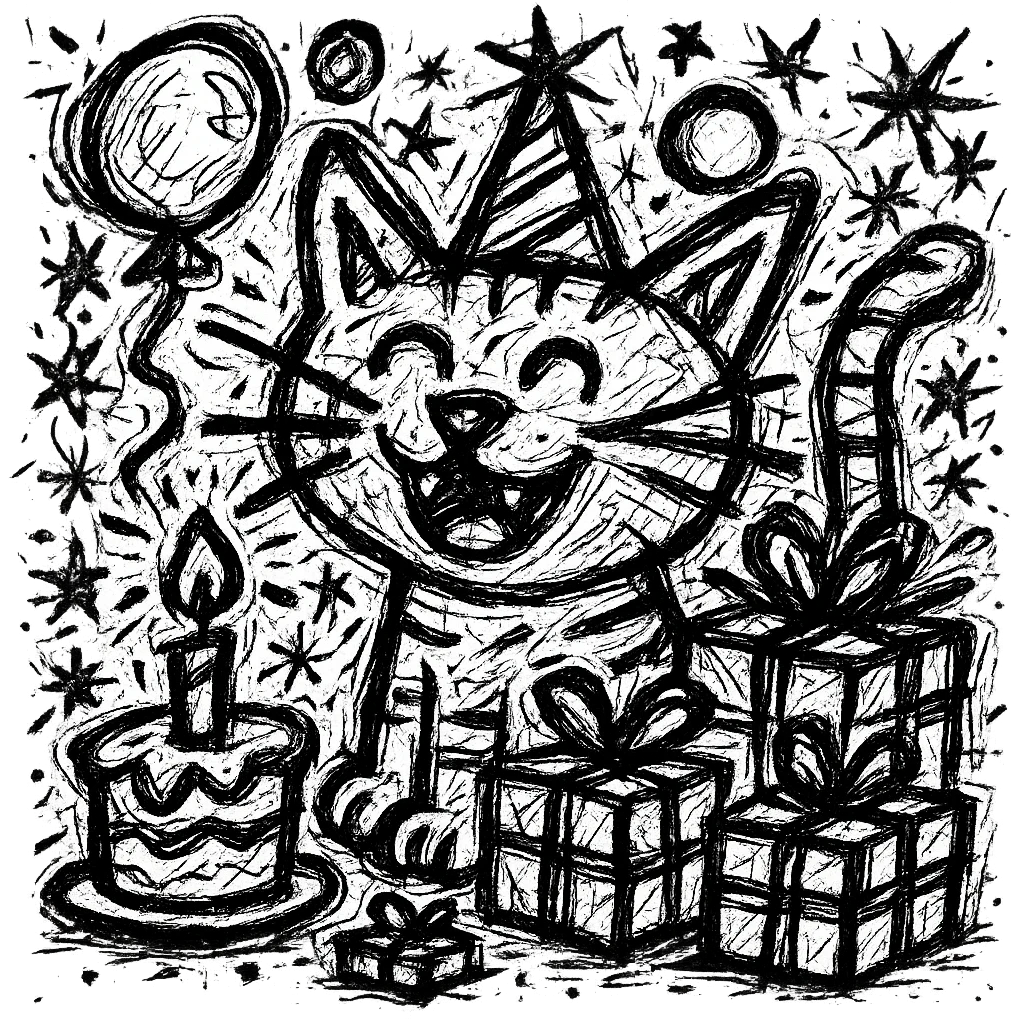 Add more gifts around the kitten, keeping the chaotic outlined style and all original elements intact emoji