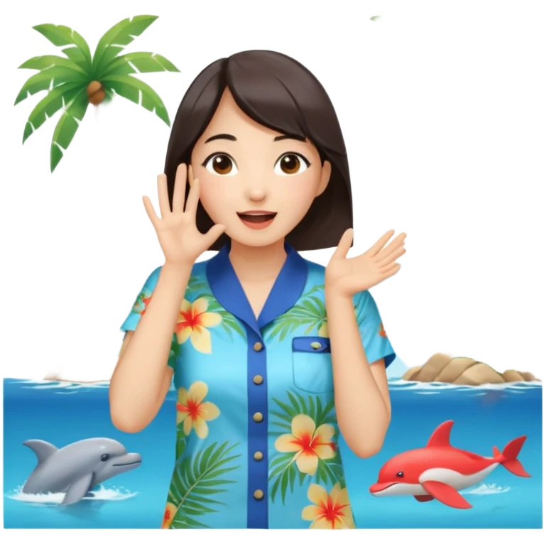 들뜬 표정의 20대 한국 여자, 여름 옷차림, 두 손으로 입을 감싸 “괌 가자~” 외치는 포즈. 민트색 배경, 밝고 유쾌한 광고 포스터 느낌,

옷이 더 하와이안 셔츠였음 좋겠어

멀리 있는 사람을 부르는 것처럼 

배경이 바다였음 좋겠어 약간 야자수랑 돌핀도 있고

멀~리 있는 사람을 부르는 손! emoji