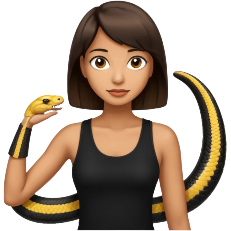 Femme brune yeux marron avec une coupe carré noir qui descend sur l'épaule , femme couleur de peau typé, avec un cobra a côté , débardeur noir emoji