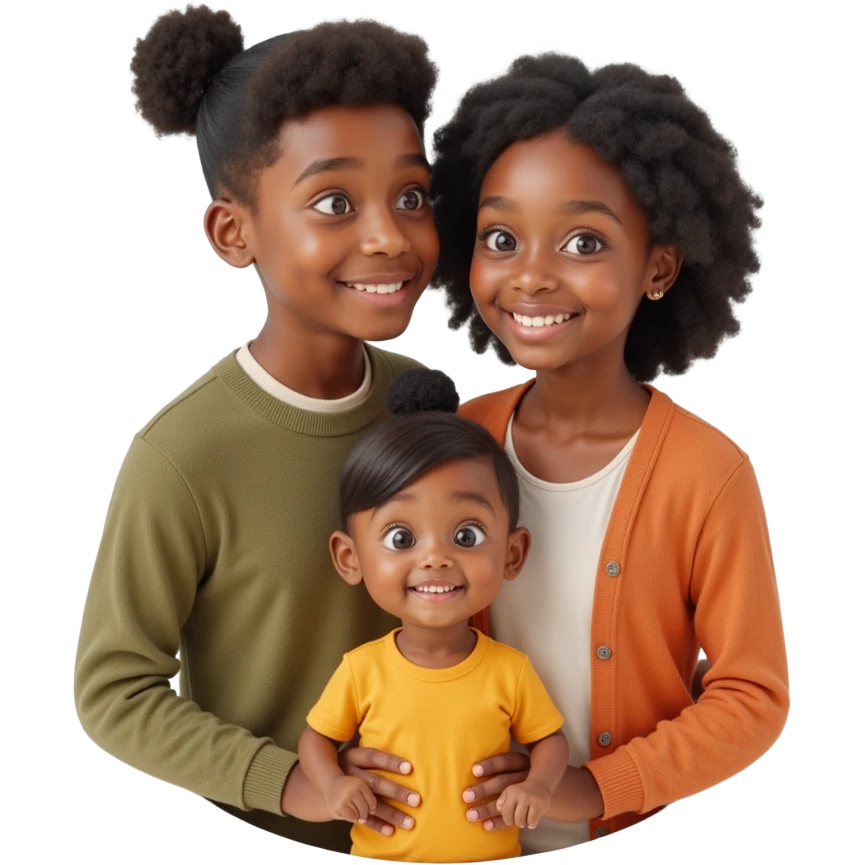 family photo showing a diverse family with two adults and a child smiling together, realistic skin, hair, and clothing textures, skeuomorphism style emoji