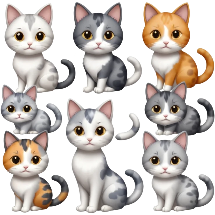 6 realistic looking cats with different natural coloured coats, assorted grey and white, greys, calico, brown and white colours etc
 emoji
