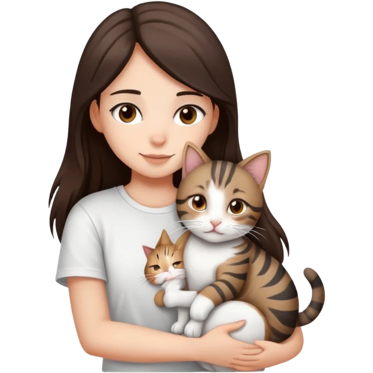 a girl with long dark brown hair, in a
white T-shirt and brown eyes, hugs a tabby
dark grey and white strips one cat emoji
