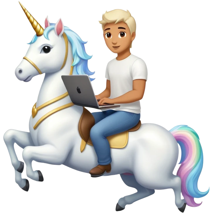 Man riding unicorn with a laptop emoji