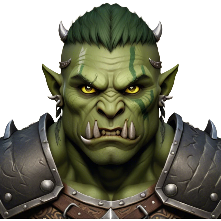 Cinematic Realistic WoW Orc Warrior Portrait, depicted with battle-scarred, rugged green skin and a powerful, muscular build that radiates primal strength. Clad in intricately detailed tribal armor accented with dark leather and iron embellishments in deep, earthy tones, his fierce eyes and determined expression exude honorable might. Rendered with lifelike texture and dramatic natural lighting, high shine, noble and formidable, capturing the essence of a legendary orc champion. emoji