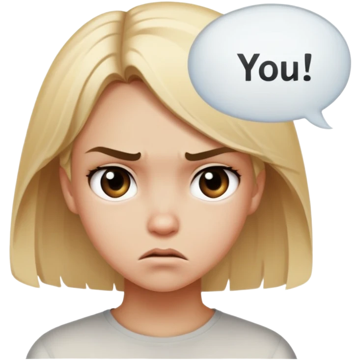 Blonde girl looking angry with text bubble that says “you” emoji