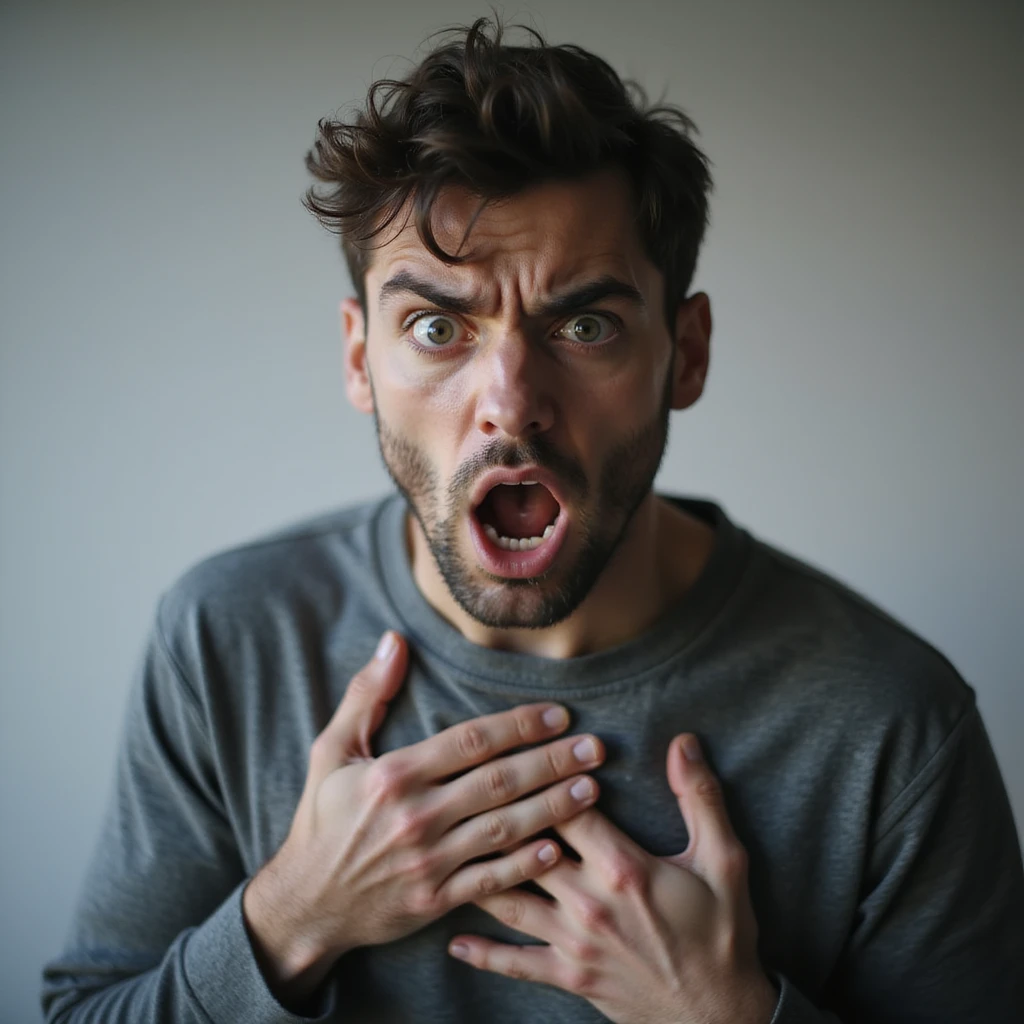 realistic 30-year-old man having an anxiety attack, gasping breath, hands on chest, terrified look, light background emoji