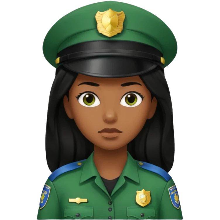 Female POLICE IN green, long black hair, brown skin emoji