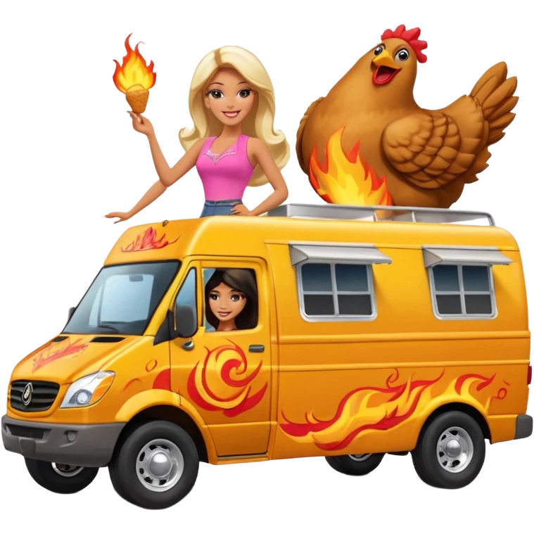 Hispanic pollo loco Barbie’s insanely flaming hot butt burning chicken sandwich Extended length Sprinter 4500 van high roof off road rally delivery food truck capable of rock and desert racing  emoji