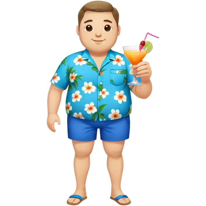 chubby guy full figure in a flowered azure havai shirt, brown shorts and flippers holding a cocktail emoji