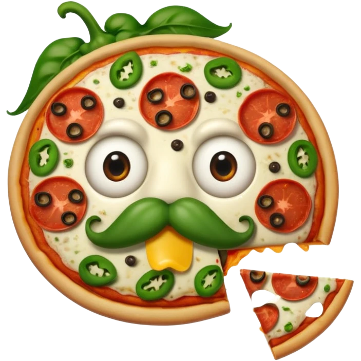 a  whole pizza with pepperonis from eyes and mushroom from the nose and green bell pepper from the mouth and mustache emoji