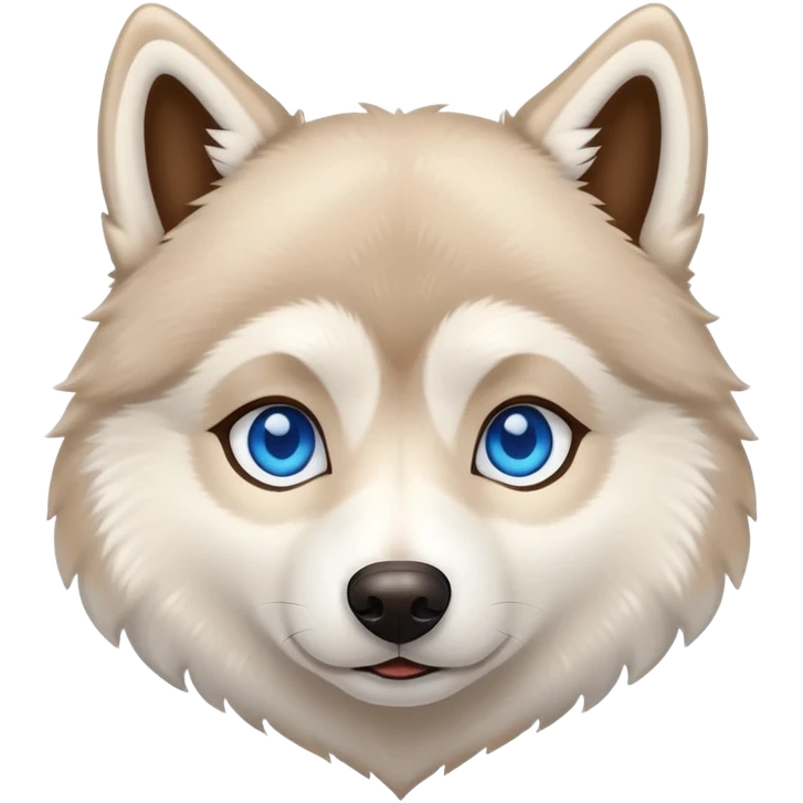 Beige husky with blue eyes and a brown heart emoji