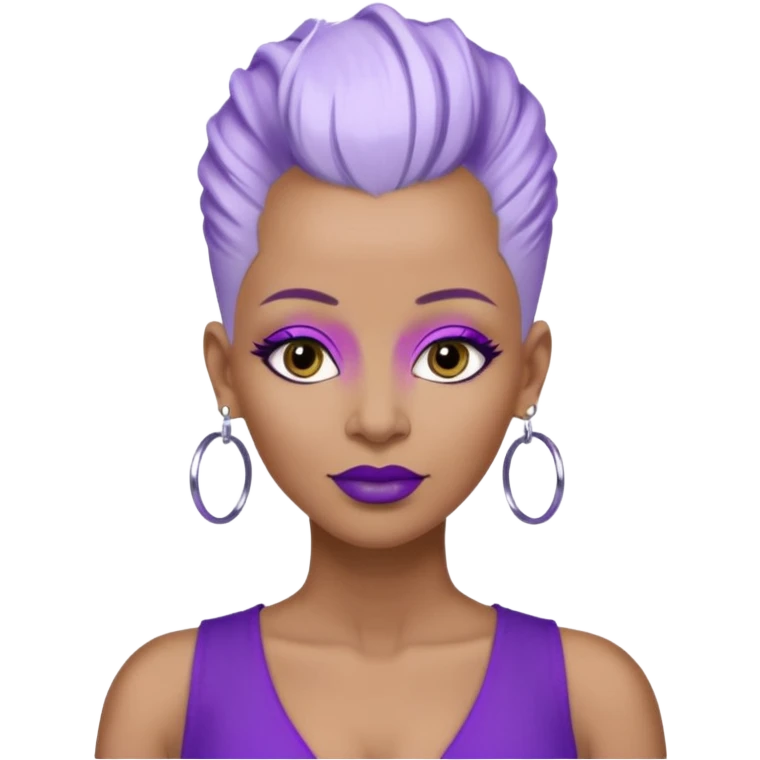 57 years young,  brown skinned Black queen with a  no hair on side and white hair in mohawk style, purple lipstick,  purple eyeshadow,  droopy looking  eyes, oval shaped face, hoop  design 
 earrings with the name Draya personalized on them.  emoji