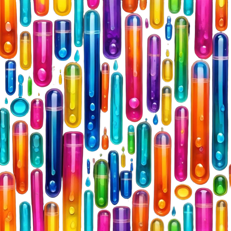 Create an icon that represents decorative arts using epoxy resin in tubes. The design should feature colorful tubes of resin, including fluorescent resin tubes, with visible drops or strokes of resin being applied to create intricate designs. Include examples of finished resin jewelry or decorative pieces, such as pendants, rings, or abstract art. The composition should feel vibrant and artistic, highlighting the creative and glowing nature of resin crafting. The background should be transparent. emoji
