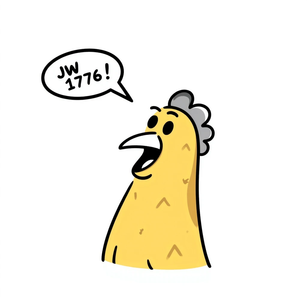 cartoon style shouting yellow long neck chicken with a funny expression, 'JW 1776' in a speech bubble emoji