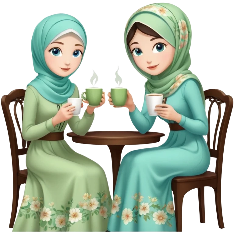 Turkish beautiful finish Konya girls blue eyes with Beautiful light green floral hijab long tail dress and the two friends in a white lovely coffeehouse sits on the chair on the ground and holds cup coffe with her hand  emoji
