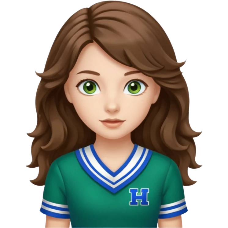 A pretty girl with blue eyes, brown long wavy hair, qnd wear green Hawkins cheerleader uniform emoji