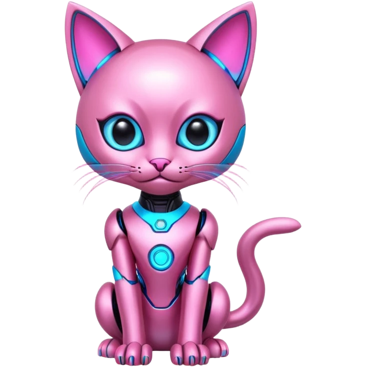 Robot kitten with pink and neon blue eyes and neon dress emoji