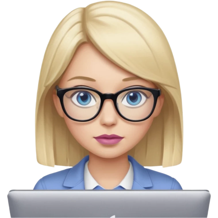 donna, occhi azzurri con occhiali, capelli medi, lisci e biondi, lavora usando il pc. Labbra color malva chiaro emoji