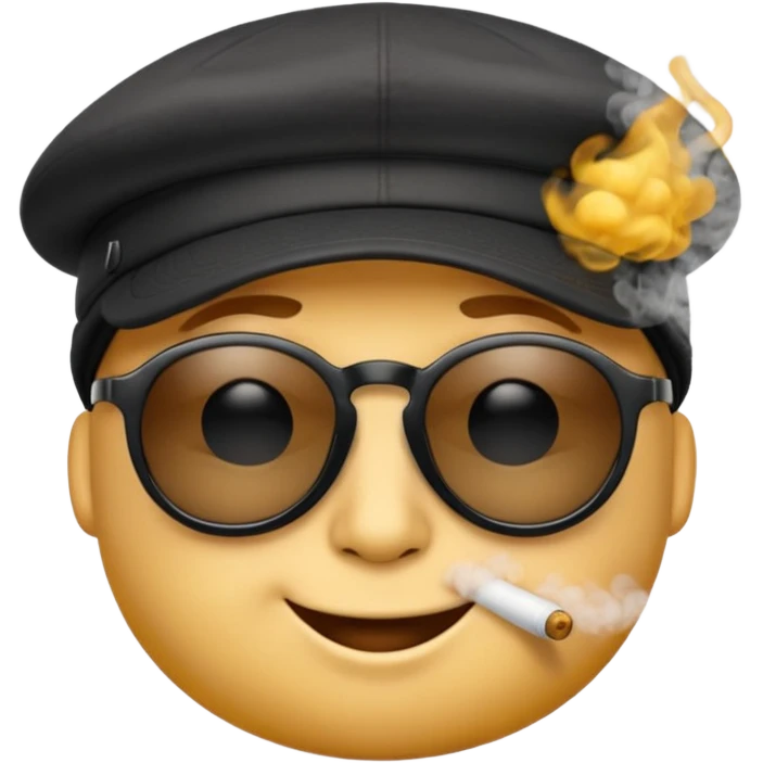A high-res yellow face emoji with black sunglasses and a backwards black cap, smirking with half-lidded eyes and exhaling soft gray-white smoke, with detailed shading, glossy lenses, and realistic smoke wisps. emoji