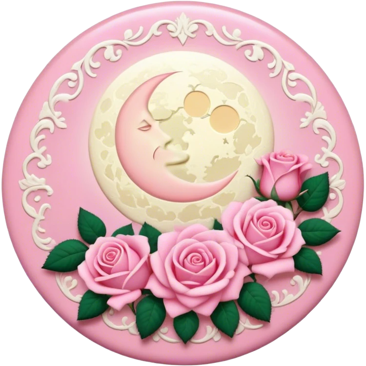 A round pink button with a light cream full damask moon and pink roses in the center emoji