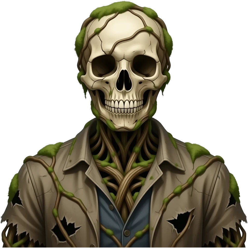 Albañil hecho de enredaderas y musgo con ropa desgarrada y un craneo expuesto. emoji