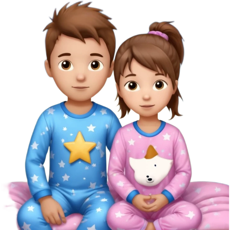 4 year old brown spikey haired boy with blue pajamas with stars on them and a 1 year old brown haired pony tail girl with pink pajamas, and stars on them with light skin emoji