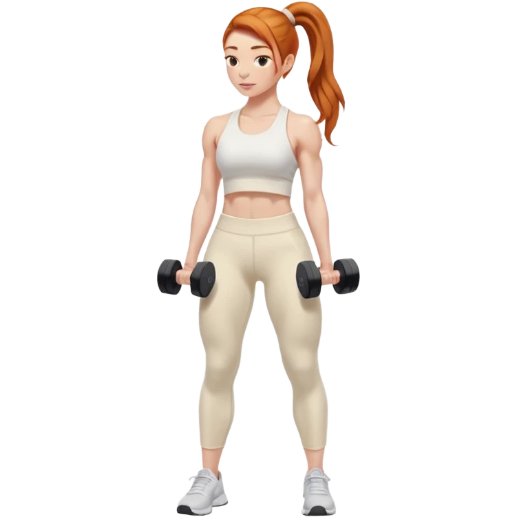 Ginger gym girl low ponytail standing sideways with dumbbells and cream athleisure pants clothes emoji