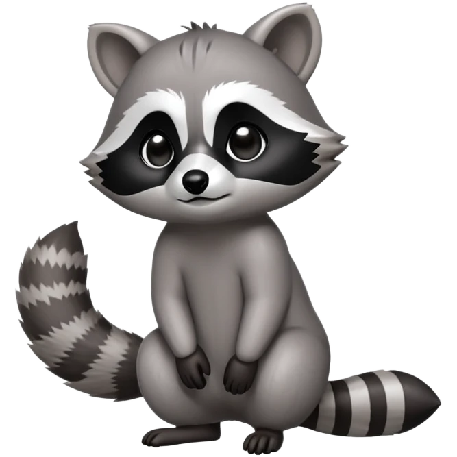 Cinematic-cute Raccoon-Realistic-hunched Full-Body on all fours-Emoji – Tail flicking lazily, head tilted dramatically, thick grey fur with a signature black mask, sharp and alert ears, simplified yet realistic focused features, highly detailed, glowing with an almost sarcastic glow. big black eyes emoji