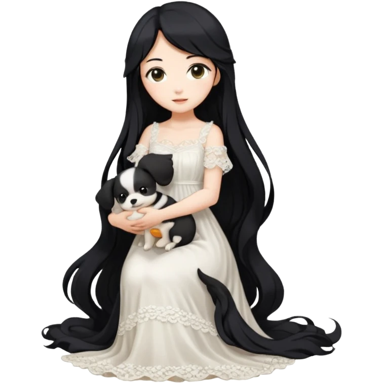 Pastel anime lady long hair with long lace dress full body holding puppy emoji
