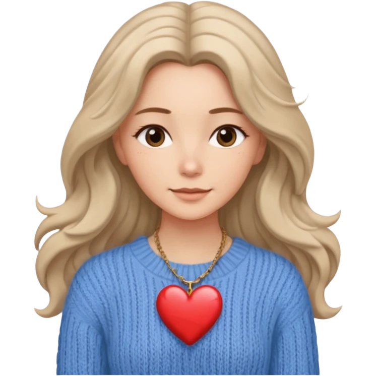. Her skin glows warmly under the natural light, enhanced by the gentle textures of her knitted beige sweater and flowing hair. her heart-shaped necklace adds a delicate touch, while her serene expression brings a quiet strength to the portrait. The blue sky in the background.
 emoji