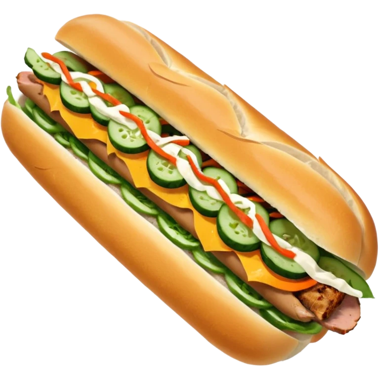 traditional banh mi with char grilled pork emoji 


    Very crusty baguette

    Mayo 

    Pickled carrot 

    Cucumber, coriander/cilantro, green onion, chilli 
 emoji