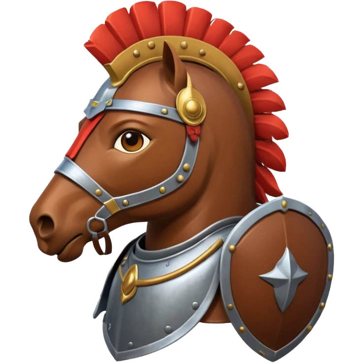 An emoji of a powerful Roman warhorse in full armor, with a feathered helmet. emoji
