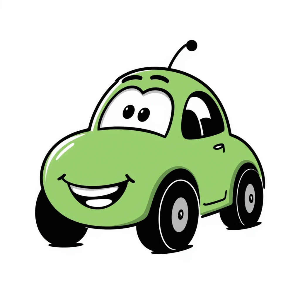 A hand-drawn green toy car with a silly grinning face and googly eyes emoji
