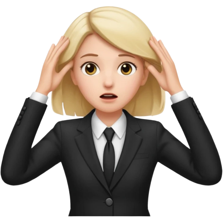 white girl in formal suit surprised, hands on head emoji