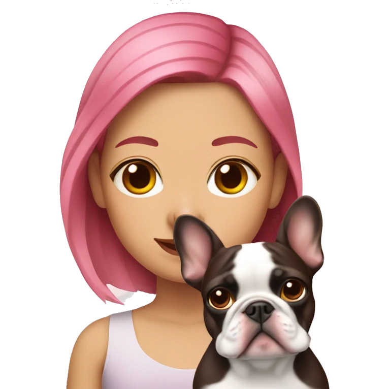  girl with pink hair holding a brown and white french bulldog  emoji