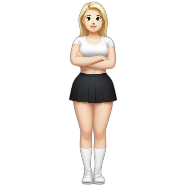 Front view full body curvy caucasian beauty headstands straight hands up black skirt white knickers white socks emoji