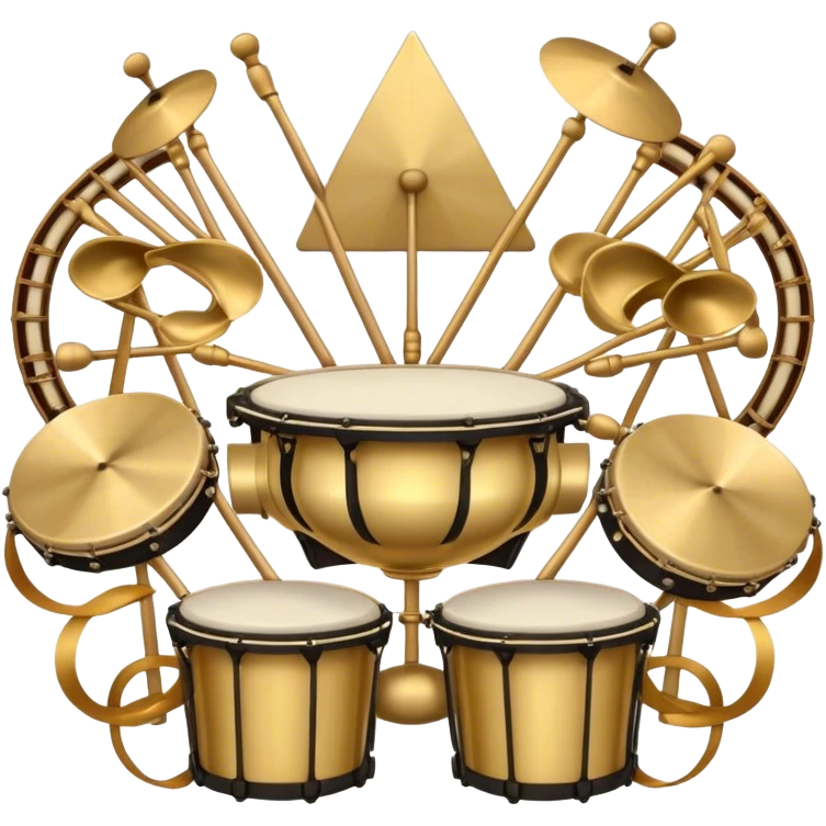 Create a heraldic, festive, and professional emblem-like emoji representing percussion instruments. The design should resemble a traditional crest, featuring a variety of percussion instruments such as cymbals, triangle, tambourine, maracas, timpani, bongo drums, and other traditional folk percussion instruments. Arrange them symmetrically, with cymbals crossing each other, the triangle at the center, and timpani or bongo drums flanking the sides. Include tambourines and maracas prominently, adding rhythm and texture. A flowing ribbon of musical notes should elegantly weave through the instruments, enhancing the sense of movement and celebration. Add intricate decorative patterns on the instruments, along with ornamental swirls, laurels, or flourishes to elevate the festive and heraldic feel. The overall composition should be balanced, harmonious, and visually striking, with an elegant and professional look. The background should be transparent. emoji