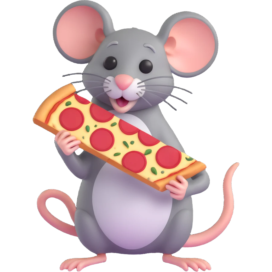 happy grey rat with a slice of pepperoni pizza emoji
