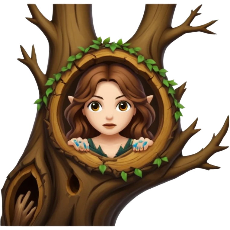 ute forest witch woman long wavy brown hair tattoos peeking from tree hollow emoji