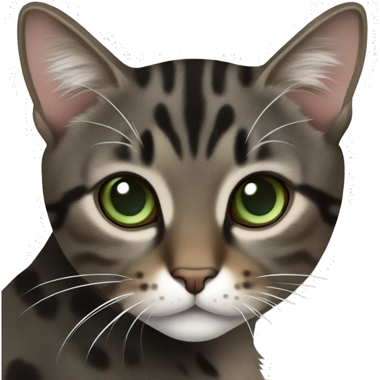 Dark brown and black and dark grey tabby dark brown black spotted with white paws cat with brown-green eyes and white neck emoji